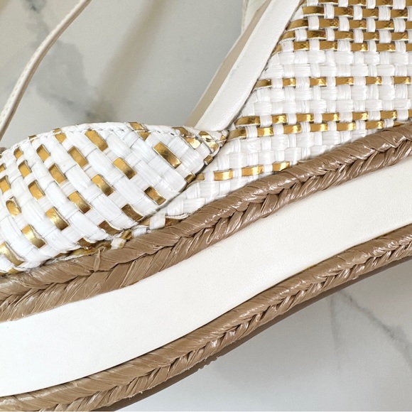 Guess Gace Platform Wedge Sandal 10 Metallic Gold and White Woven T-Straps - Picture 8 of 13